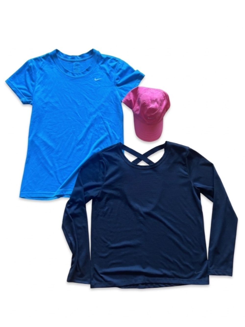 Nike Activewear Lot Bundle - Blue Tee, Black Strappy Long Sleeve & Hat